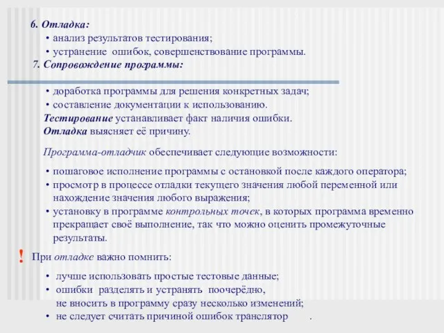 6. Отладка: анализ результатов тестирования; устранение ошибок, совершенствование программы. 7.