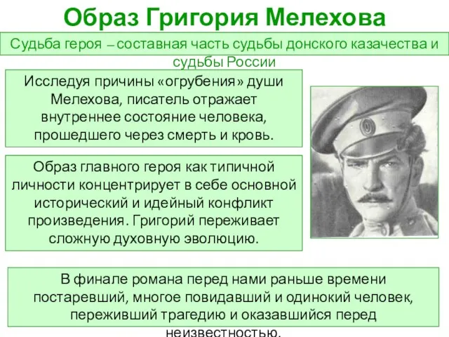 Образ Григория Мелехова Исследуя причины «огрубения» души Мелехова, писатель отражает