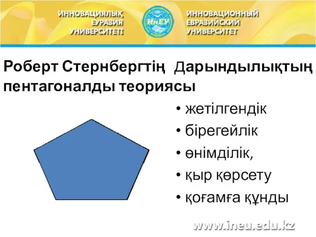 Роберт Стернбергтің дарындылықтың пентагоналды теориясы жетілгендік бірегейлік өнімділік, қыр қөрсету қоғамға құнды