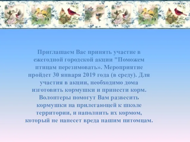 Приглашаем Вас принять участие в ежегодной городской акции "Поможем птицам