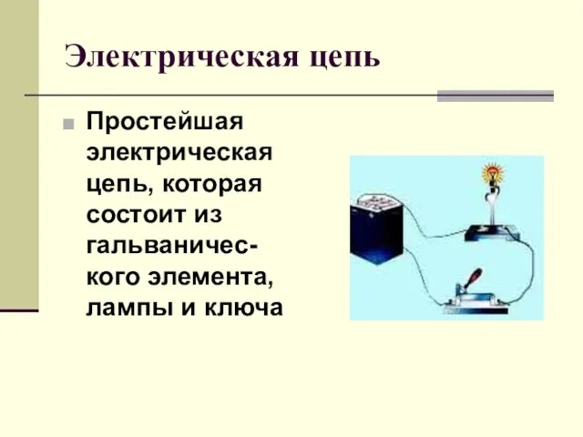 Электрическая цепь Простейшая электрическая цепь, которая состоит из гальваничес-кого элемента, лампы и ключа