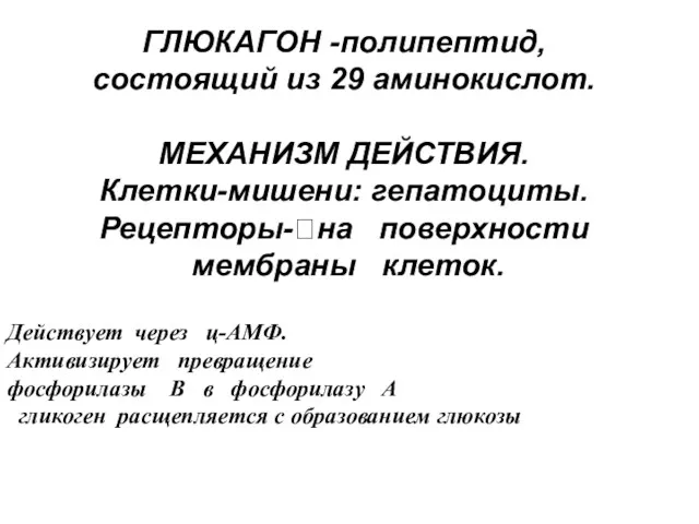 ГЛЮКАГОН -полипептид, состоящий из 29 аминокислот. МЕХАНИЗМ ДЕЙСТВИЯ. Клетки-мишени: гепатоциты.