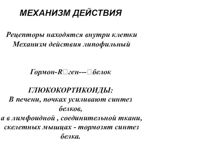 МЕХАНИЗМ ДЕЙСТВИЯ Рецепторы находятся внутри клетки Механизм действия липофильный Гормон-R?ген---?белок