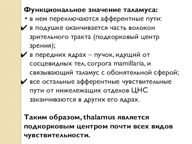 Функциональное значение таламуса: в нем переключаются афферентные пути: в подушке