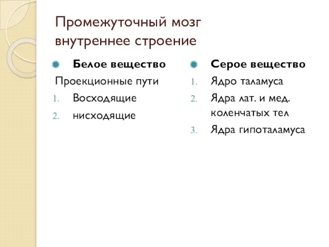 Промежуточный мозг внутреннее строение Белое вещество Проекционные пути Восходящие нисходящие