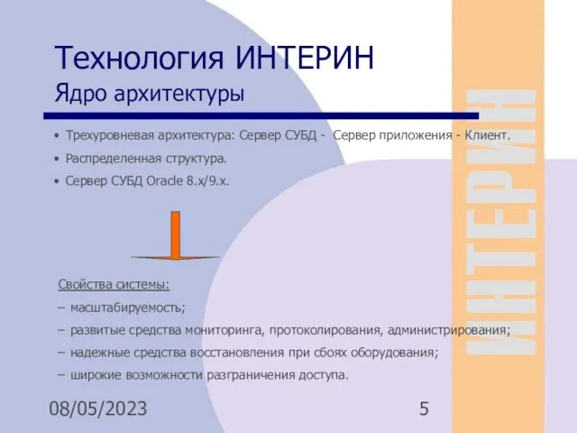 08/05/2023 Технология ИНТЕРИН Ядро архитектуры Трехуровневая архитектура: Сервер СУБД -