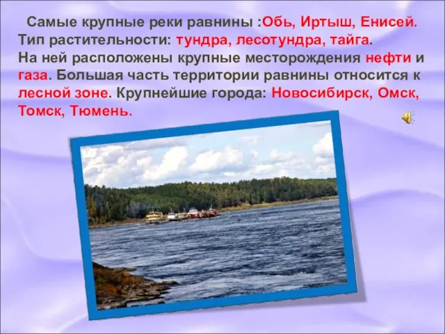 Самые крупные реки равнины :Обь, Иртыш, Енисей. Тип растительности: тундра,