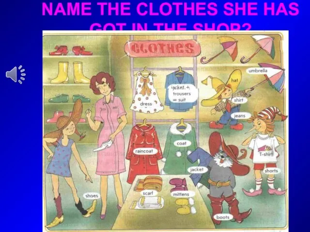 NAME THE CLOTHES SHE HAS GOT IN THE SHOP?