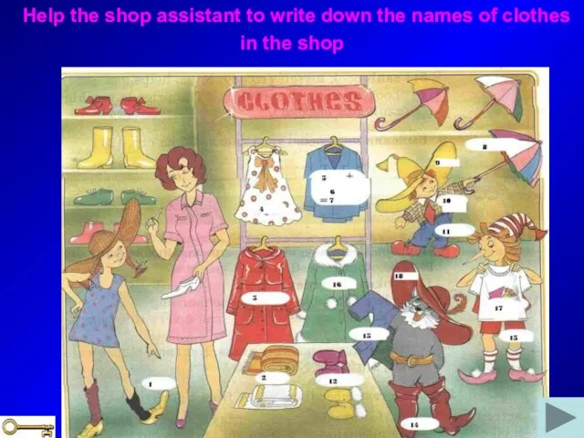 Help the shop assistant to write down the names of clothes in the shop