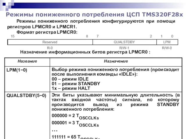 Режимы пониженного потребления ЦСП TMS320F28x Режимы пониженного потребления конфигурируются при