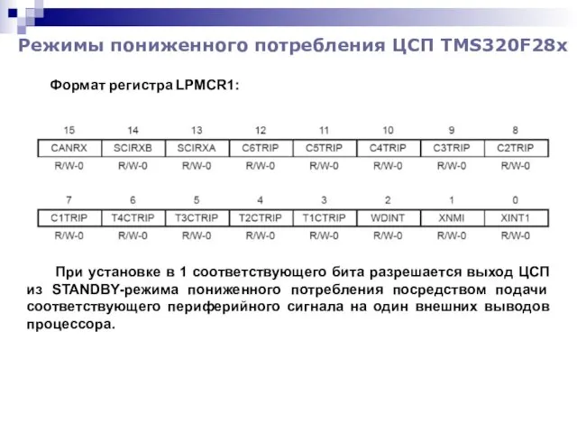 Режимы пониженного потребления ЦСП TMS320F28x Формат регистра LPMCR1: При установке