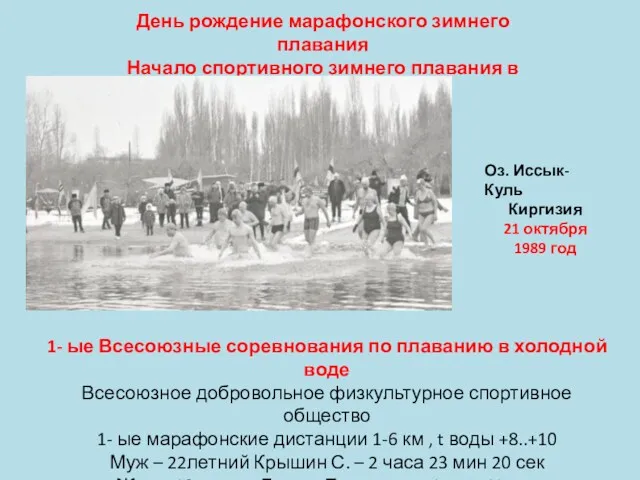 День рождение марафонского зимнего плавания Начало спортивного зимнего плавания в