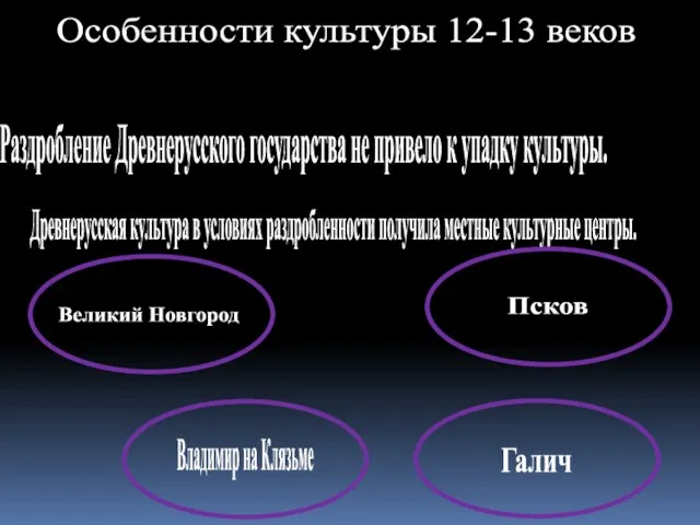 Раздробление Древнерусского государства не привело к упадку культуры. Особенности культуры