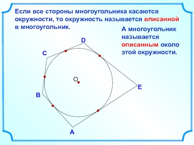 D В С Если все стороны многоугольника касаются окружности, то