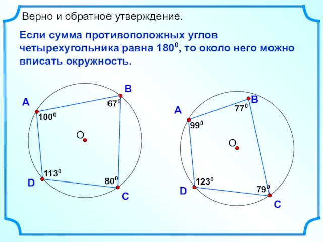 D Верно и обратное утверждение. Если сумма противоположных углов четырехугольника