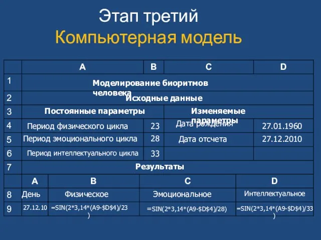 Этап третий Компьютерная модель Моделирование биоритмов человека Исходные данные Постоянные