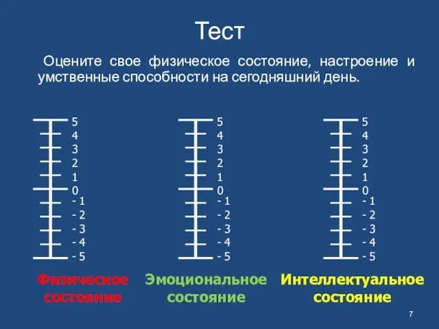 Тест Оцените свое физическое состояние, настроение и умственные способности на сегодняшний день.