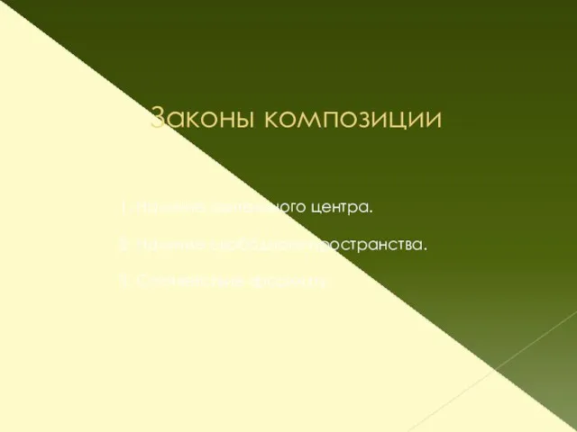 Законы композиции 1. Наличие зрительного центра. 2. Наличие свободного пространства. 3. Соответствие формату.