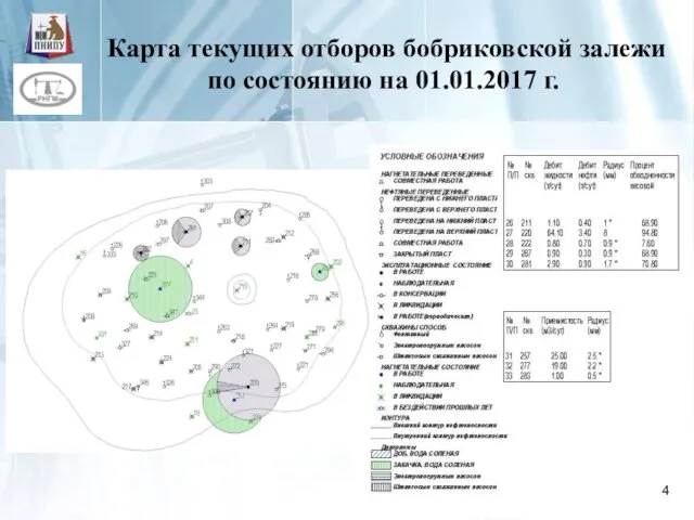 Карта текущих отборов бобриковской залежи по состоянию на 01.01.2017 г.