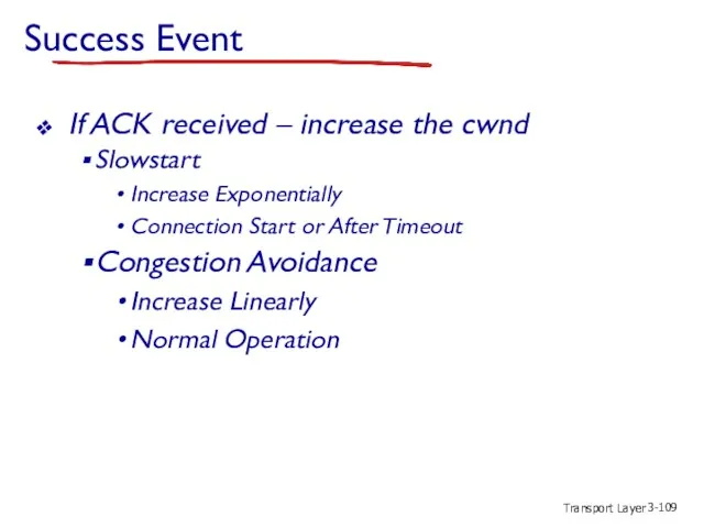 Transport Layer 3- Success Event If ACK received – increase