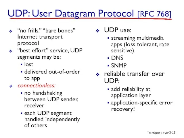 Transport Layer 3- UDP: User Datagram Protocol [RFC 768] “no