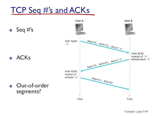 Transport Layer 3- TCP Seq #’s and ACKs Seq #’s ACKs Out-of-order segments?