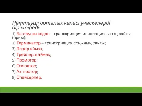 Реттеуші орталық келесі учаскелерді біріктіреді: 1) Бастаушы кодон – транскрипция