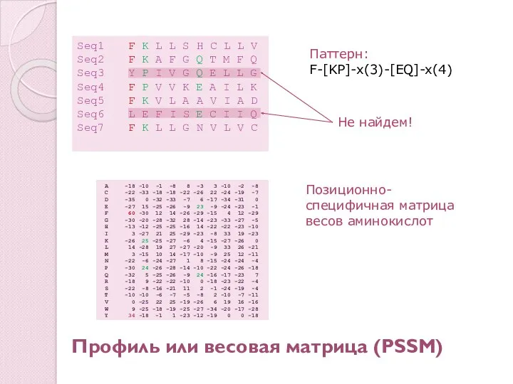 Профиль или весовая матрица (PSSM) Seq1 F K L L