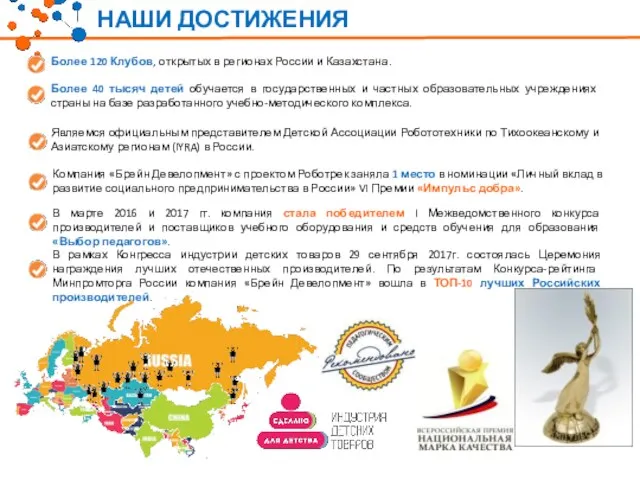Более 120 Клубов, открытых в регионах России и Казахстана. Более 40 тысяч детей