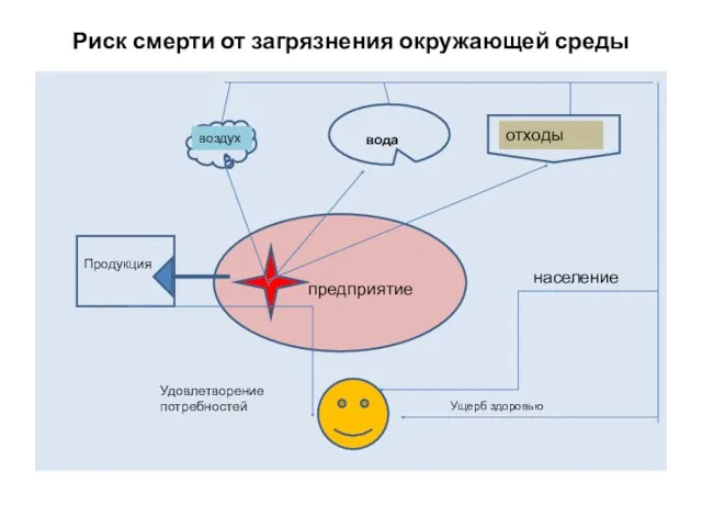 Риск смерти от загрязнения окружающей среды вода население предприятие Продукция воздух отходы Удовлетворение потребностей Ущерб здоровью