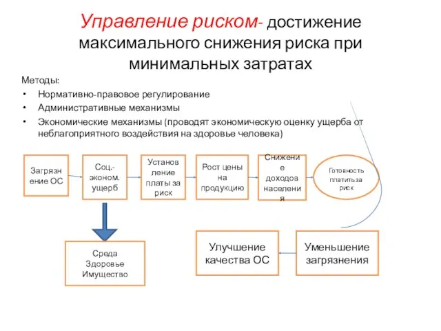 Управление риском- достижение максимального снижения риска при минимальных затратах Методы: Нормативно-правовое регулирование Административные