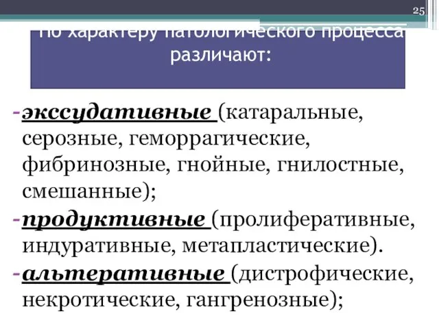 По характеру патологического процесса различают: экссудативные (катаральные, серозные, геморрагические, фибринозные,