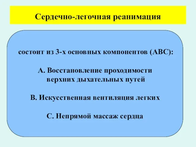 Сердечно-легочная реанимация состоит из 3-х основных компонентов (АВС): А. Восстановление