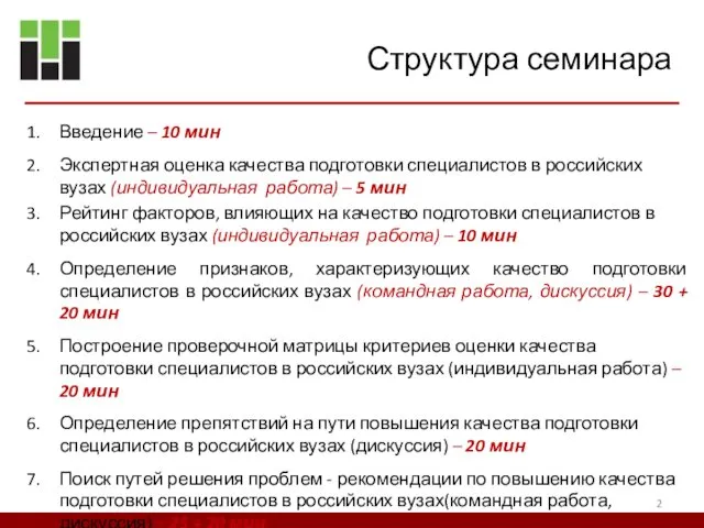 Структура семинара Введение – 10 мин Экспертная оценка качества подготовки