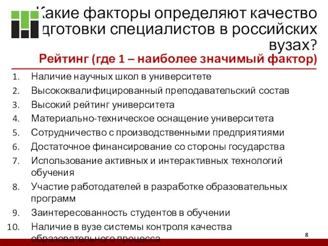 Какие факторы определяют качество подготовки специалистов в российских вузах? Рейтинг