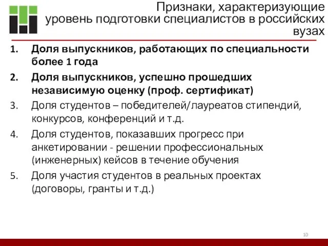 Признаки, характеризующие уровень подготовки специалистов в российских вузах Доля выпускников,