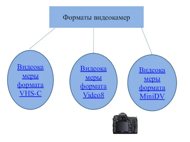 Форматы видеокамер Видеокамеры формата VHS-C Видеокамеры формата Video8 Видеокамеры формата MiniDV