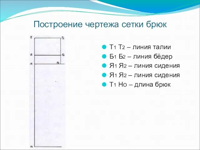 Построение чертежа сетки брюк Т1 Т2 – линия талии Б1