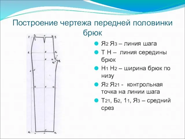 Построение чертежа передней половинки брюк Я2 Я3 – линия шага