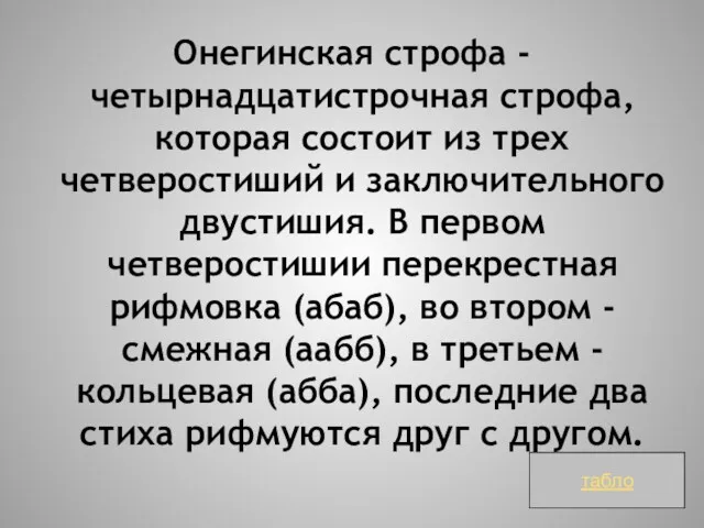 Онегинская строфа - четырнадцатистрочная строфа, которая состоит из трех четверостиший