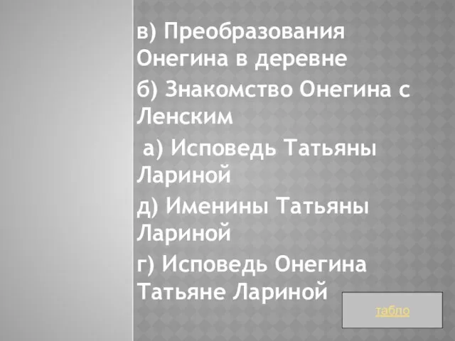 в) Преобразования Онегина в деревне б) Знакомство Онегина с Ленским