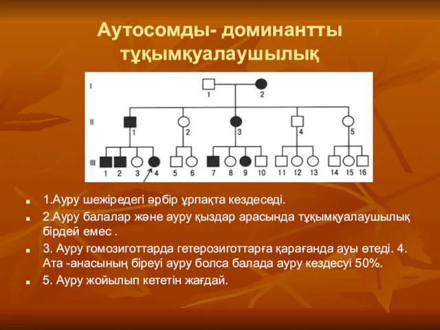 Аутосомды- доминантты тұқымқуалаушылық 1.Ауру шежіредегі әрбір ұрпақта кездеседі. 2.Ауру балалар