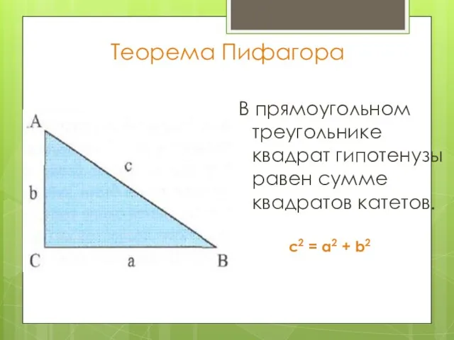 Теорема Пифагора В прямоугольном треугольнике квадрат гипотенузы равен сумме квадратов катетов. с2 = а2 + b2