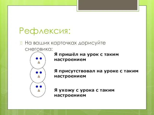 Рефлексия: На ваших карточках дорисуйте снеговика: Я пришёл на урок