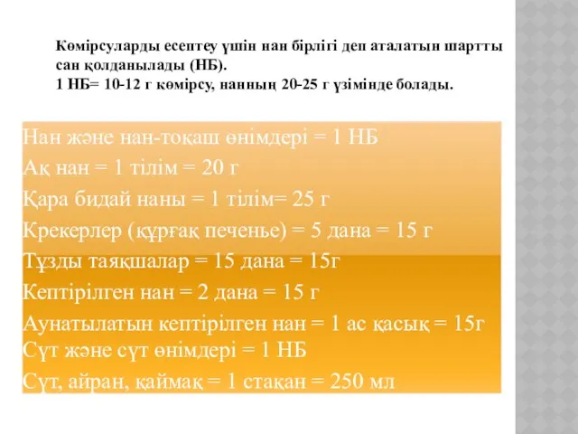 Көмірсуларды есептеу үшін нан бірлігі деп аталатын шартты сан қолданылады (НБ). 1 НБ=