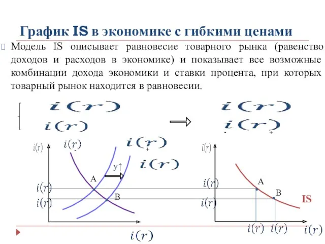 График IS в экономике с гибкими ценами + - + - y↑ А