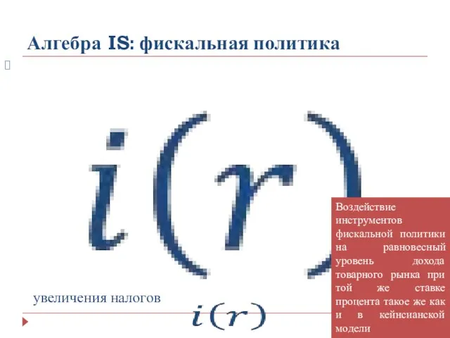 Алгебра IS: фискальная политика Воздействие инструментов фискальной политики на равновесный