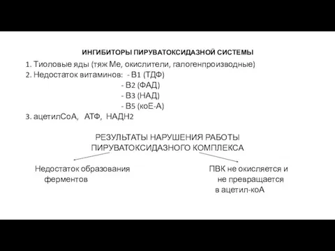 ИНГИБИТОРЫ ПИРУВАТОКСИДАЗНОЙ СИСТЕМЫ 1. Тиоловые яды (тяж Ме, окислители, галогенпроизводные)