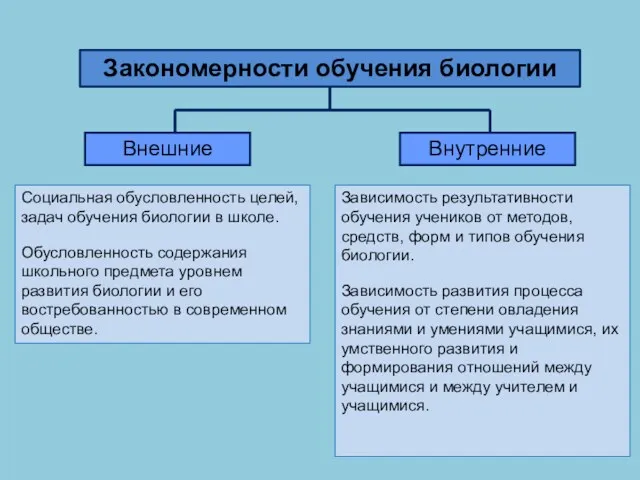 Закономерности обучения биологии Внешние Внутренние Зависимость результативности обучения учеников от