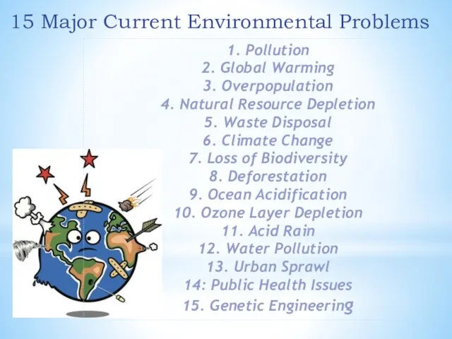 15 Major Current Environmental Problems 1. Pollution 2. Global Warming